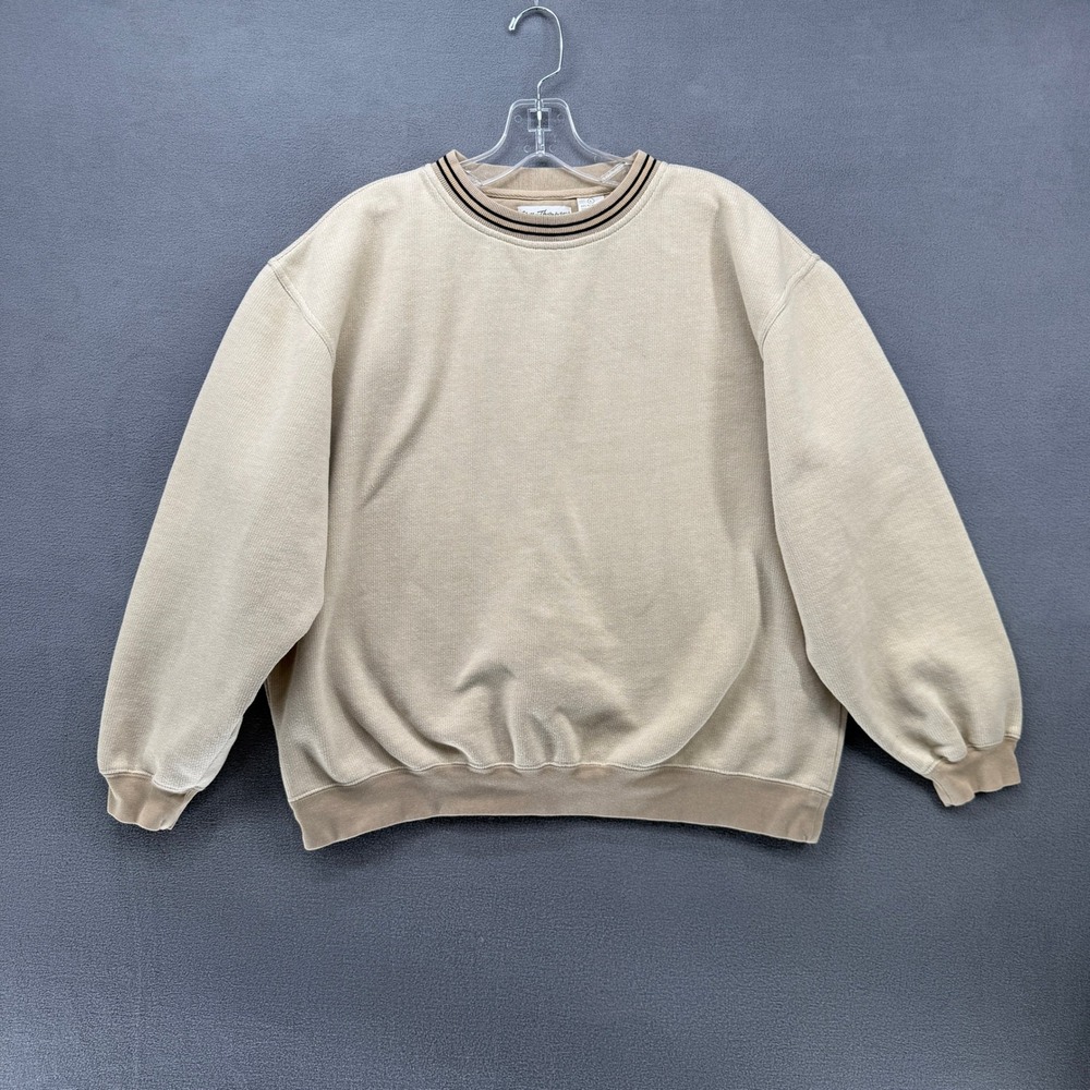 VTG Norm Thompson Sweatshirt Mens L Tan Beige Ribbed Striped Crewneck Pullover